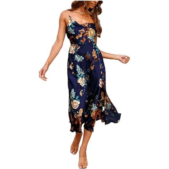 Multi‎ Floral Print Satin Cowl Neck Bodycon Cami Dress Midi Party Cocktail Dress - Picture 6 of 7